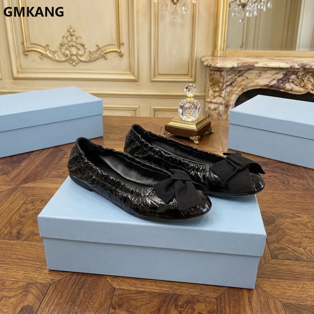 Leather Work Flats Women - รองเท้าบัลเล่ต์ผู้หญิงแบบผูกโบว์ รองเท้าลำลองแบบจีบ หนังนิ่มใส่สบาย รองเท้าโลฟเฟอร์แบบแบนสำหรับใส่ทำงานในออฟฟิศ เดินทุกวัน