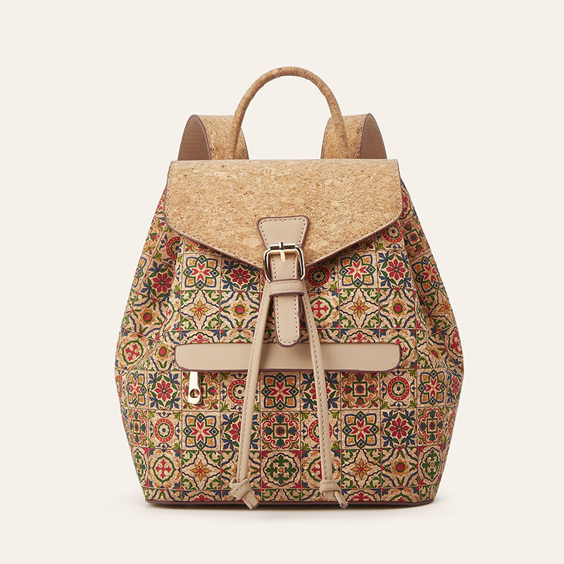 Leather Work Backpack - กระเป๋าเป้สะพายหลัง หนังคอร์กสไตล์เรโทร พิมพ์ลายดอกไม้ประจำชาติ ความจุขนาดใหญ่ กระเป๋าสะพายข้างแบบฝาปิด