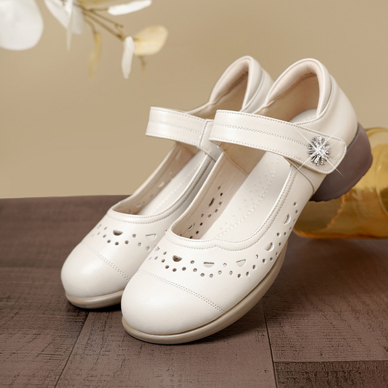Leather Work Flats Women - รองเท้าหนังแท้แบบสวมสบาย ระบายอากาศดี ตัดเย็บแบบเปิดส้น 3 ซม. เข้าได้กับทุกชุด