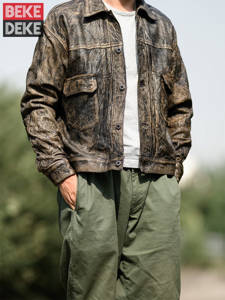 Leather Work Jacket Mens - Vintage ย่นหนังแกะจริงเสื้อแจ็คเก็ตผู้ชายฤดูใบไม้ร่วงหลวม Fit Single Breasted ของแท้หนังใหม่