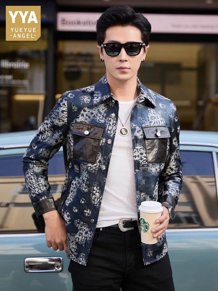 Leather Work Jacket Mens - เสื้อแจ็คเก็ตหนังแกะแท้พิมพ์ลายดอกไม้แฟชั่นใหม่สุดหรูสำหรับผู้ชาย ทรงเข้ารูป กระดุมแถวเดียว สไตล์ลำลองสำหรับงานธุรกิจและทำงาน