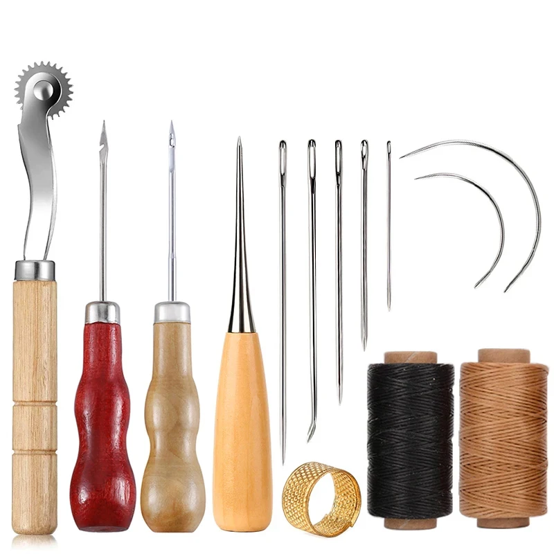 Leatherwork Needles - 14PCS หนังหัตถกรรมชุดเย็บผ้าด้ายไม้ Handle เข็มเย็บผ้ามือสําหรับเริ่มต้นหนังซ่อมเย็บเครื่องมือ