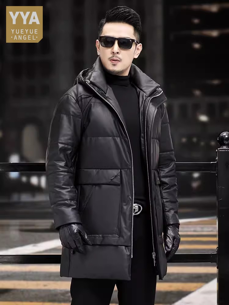 Leather Work Jacket Mens - ฤดูหนาว Mens หนา WARM White Goose