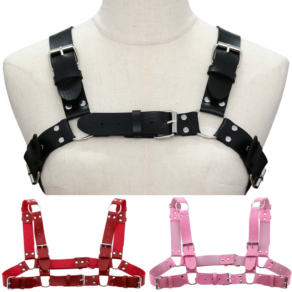 Leather Work Harness - ผู้หญิงผู้ชายเซ็กซี่ Punk หน้าอกสายรัด Caged สร้อยคอโลหะ PU