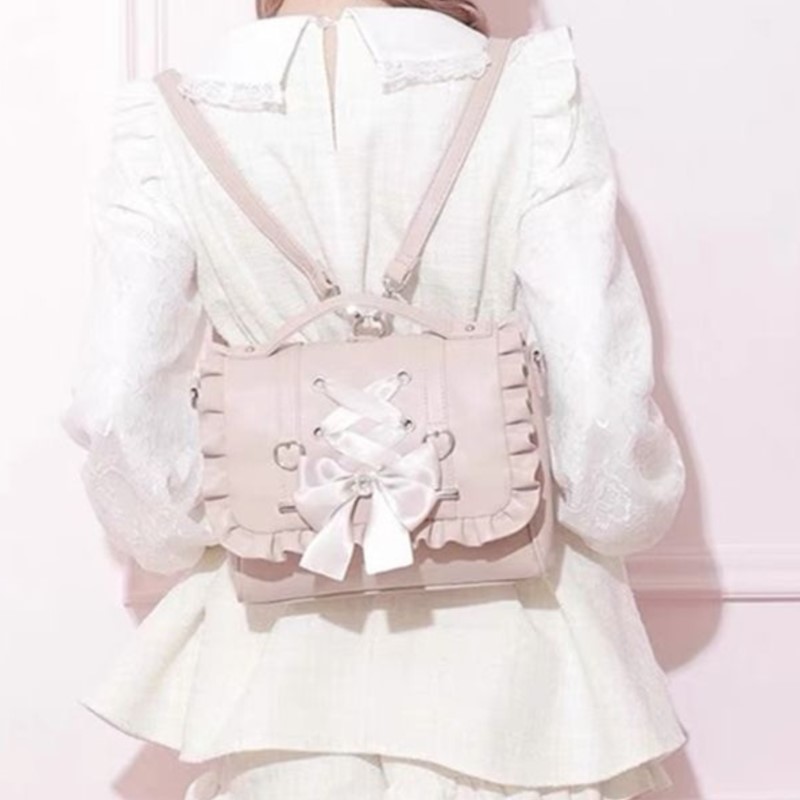Leather Work Backpack - กระเป๋าสะพายข้างหนังทรงสี่เหลี่ยมขนาดใหญ่ สไตล์หวานน่ารัก สีชมพู สำหรับผู้หญิง แฟชั่น Fairycore