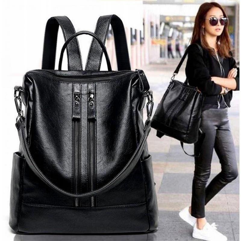 Leather Work Backpack - กระเป๋าเป้สะพายหลังหนังนิ่มสำหรับผู้หญิง สีดำ สไตล์ลำลองอเนกประสงค์ เหมาะสำหรับนักเรียน นักศึกษา ความจุขนาดใหญ่