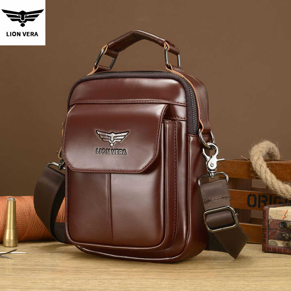 Leather Work Bag Men - LION VERA กระเป๋าสะพายหนังแท้สำหรับผู้ชาย กระเป๋าสะพายข้างอเนกประสงค์ขนาด 7.6 นิ้ว