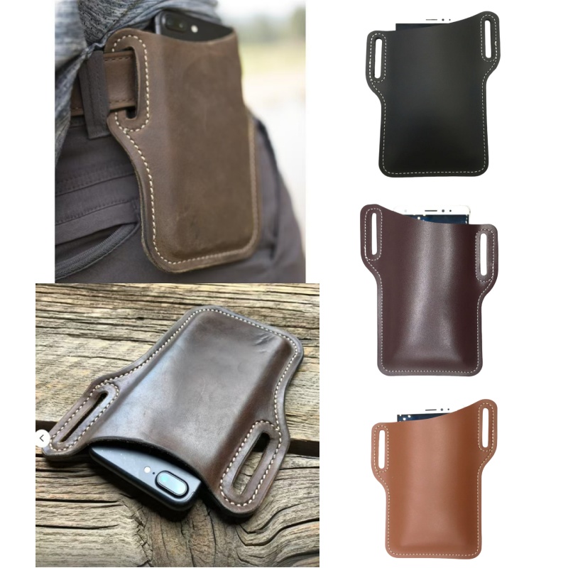 Leather Works Belt - กระเป๋าคาดเอวหนังม้าสไตล์เรโทรสำหรับใส่โทรศัพท์มือถือ กระเป๋าคาดเอวผู้ชายสำหรับตั้งแคมป์ เล่นกีฬา ทำงาน