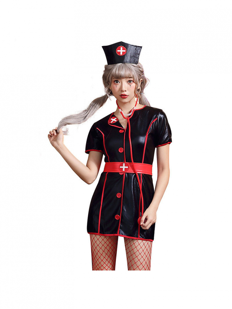 Leather Work Dress - กระโปรงทำงานพยาบาลหนัง PU สีดำ ชุดคอสตูมปาร์ตี้ฮาโลวีน ไซส์ใหญ่ แฟชั่นผู้หญิง