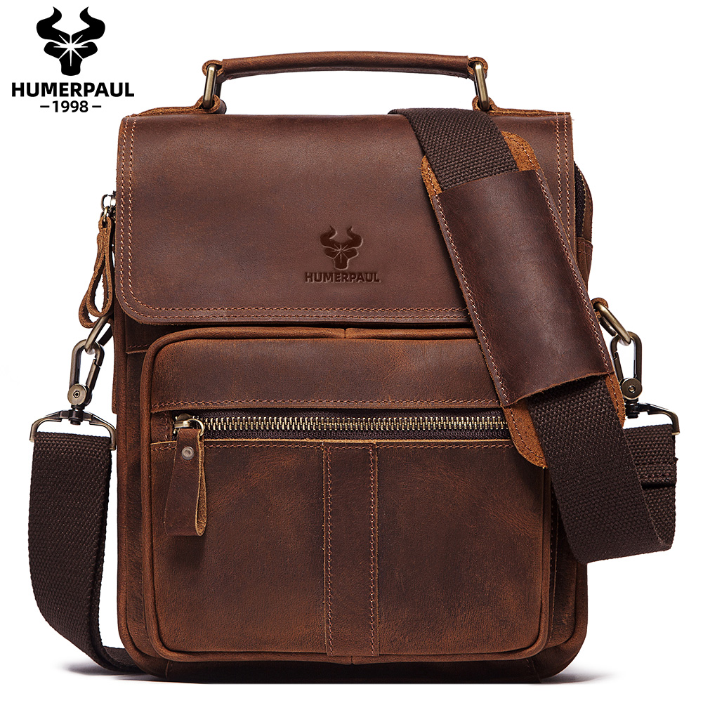 Leather Work Bag Men - HUMERPAUL ของแท้หนังผู้ชายกระเป๋าสะพายทํางานธุรกิจ Messenger กระเป๋าแฟชั่นชาย Crossbody พร้อมสายรัดปรับระดับได้