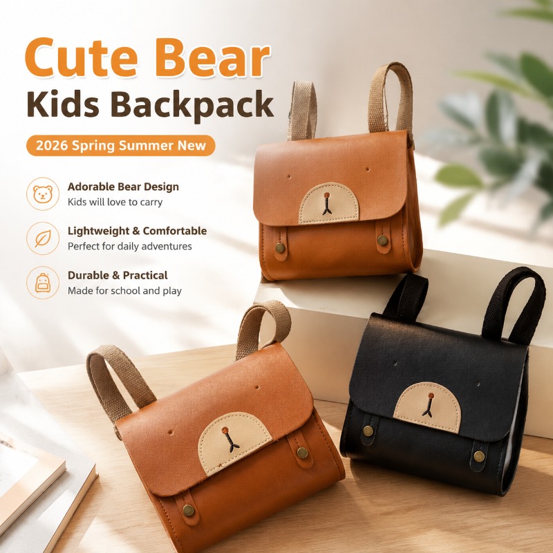 Leather Work Backpack - กระเป๋าเป้เด็ก 2026 ฤดูใบไม้ผลิ ฤดูร้อน ลายหมีน่ารัก สไตล์ลำลอง