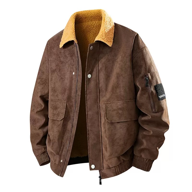 Leather Work Jacket Mens - เสื้อแจ็คเก็ต PU หนานุ่มสไตล์เรโทรสำหรับผู้ชาย รุ่นใหม่สำหรับฤดูใบไม้ร่วงและฤดูหนาว บุขนแกะอย่างดี เสื้อโค้ททำงานบุขนแกะ