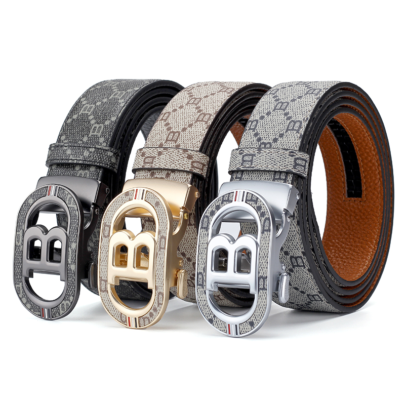 Leather Works Belt - เข็มขัดแฟชั่นแบบหัวเข็มขัดอัตโนมัติ รุ่น B สำหรับผู้ชาย พิมพ์ลายโมโนแกรม หนัง