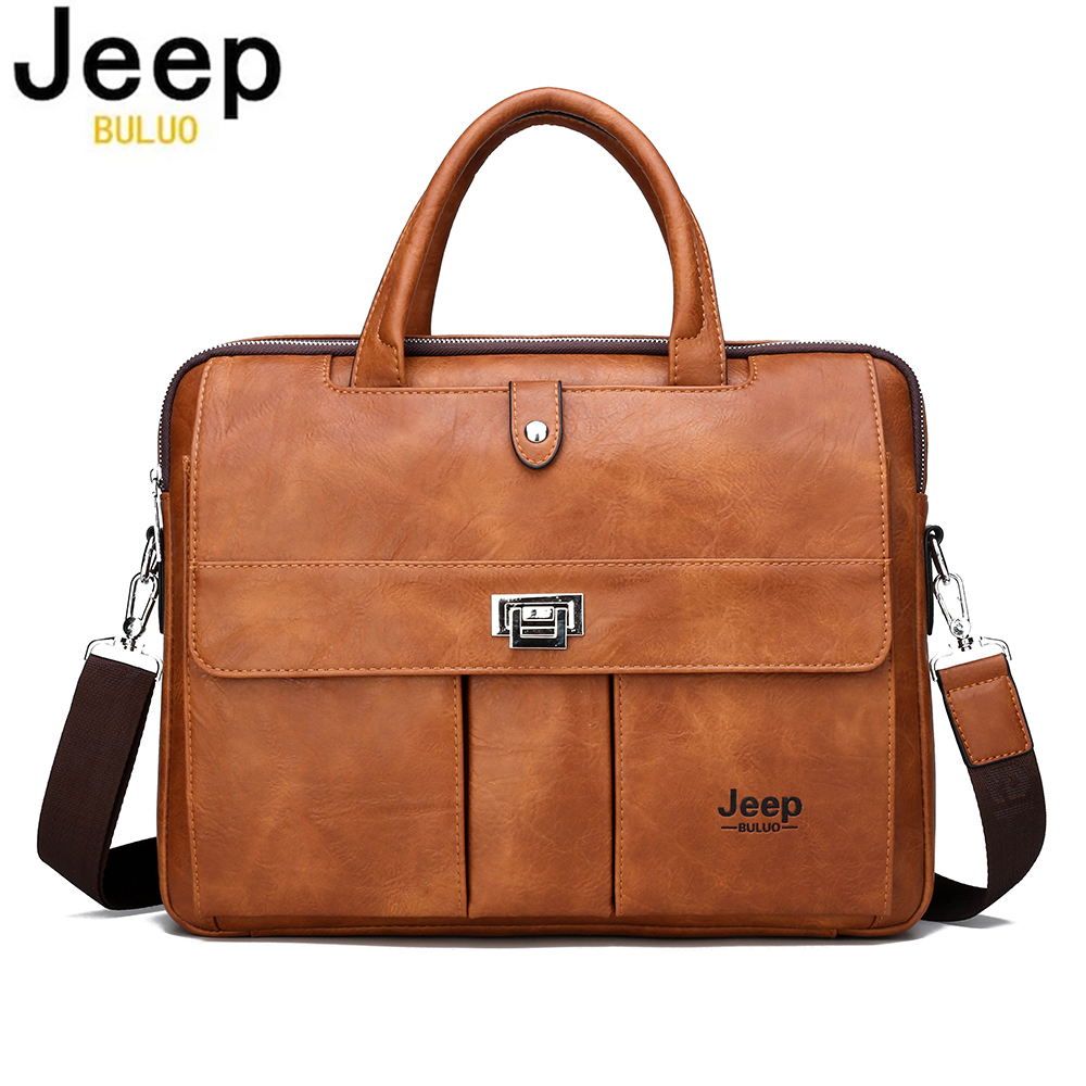 Leather Work Bag Men - กระเป๋าเอกสารหนังสำหรับผู้ชาย Jeep Buluo ขนาด 14 นิ้ว