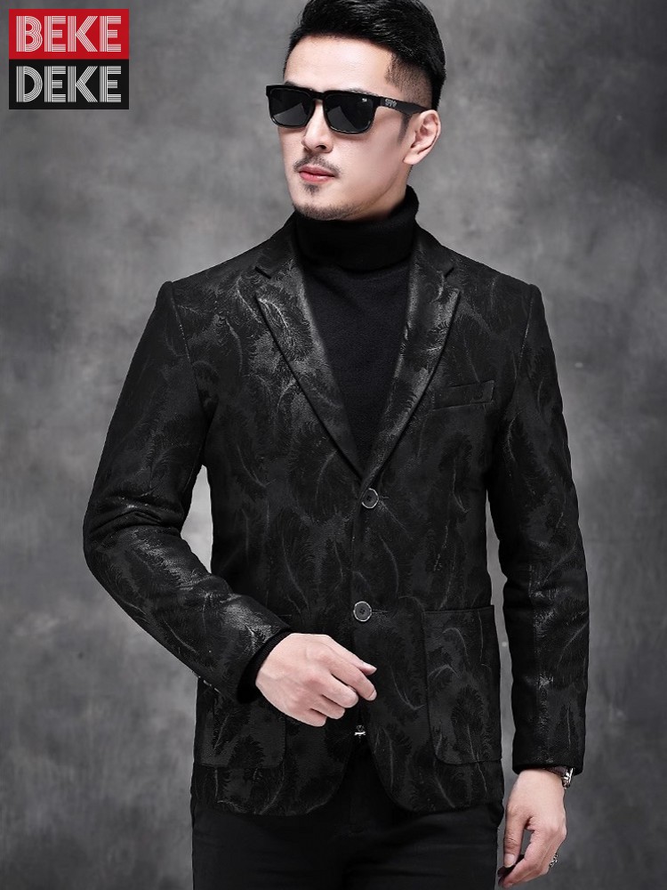 Leather Work Jacket Mens - ธุรกิจผู้ชายทํางาน SLIM FIT หนังแกะแท้ของแท้หนังฤดูใบไม้ผลิฤดูใบไม้ร่วงดอกไม้พิมพ์เดี่ยว Breasted Blazer