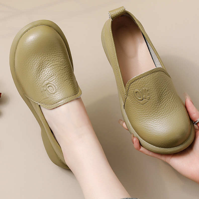 Leather Work Flats Women - 2025 ของแท้หนังLoafersผู้หญิงRetroรอบToe Anti Skid Flatsผู้หญิงนุ่มทุกวันทํางานสบายๆเดินรองเท้าLadyสีเขียวmoccasin