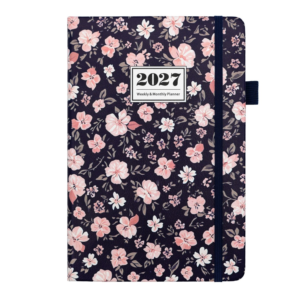 Leather Work Notebook - สมุดวางแผนตารางงานภาษาอังกฤษ 2027 ลายดอกไม้ 12 เดือน สมุดบันทึกสิ่งที่ต้องทำ