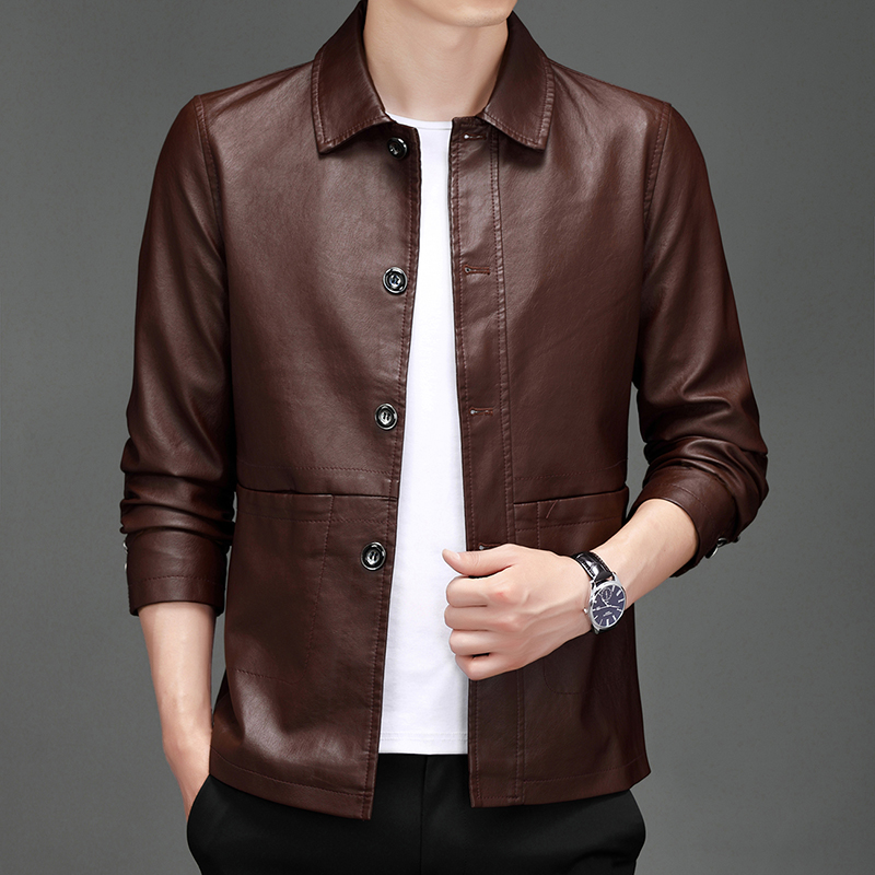 เสื้อแจ็คเก็ตหนัง PU ทรงสลิมฟิ - Leather Work Jacket Mens บทวิจารณ์และราคา