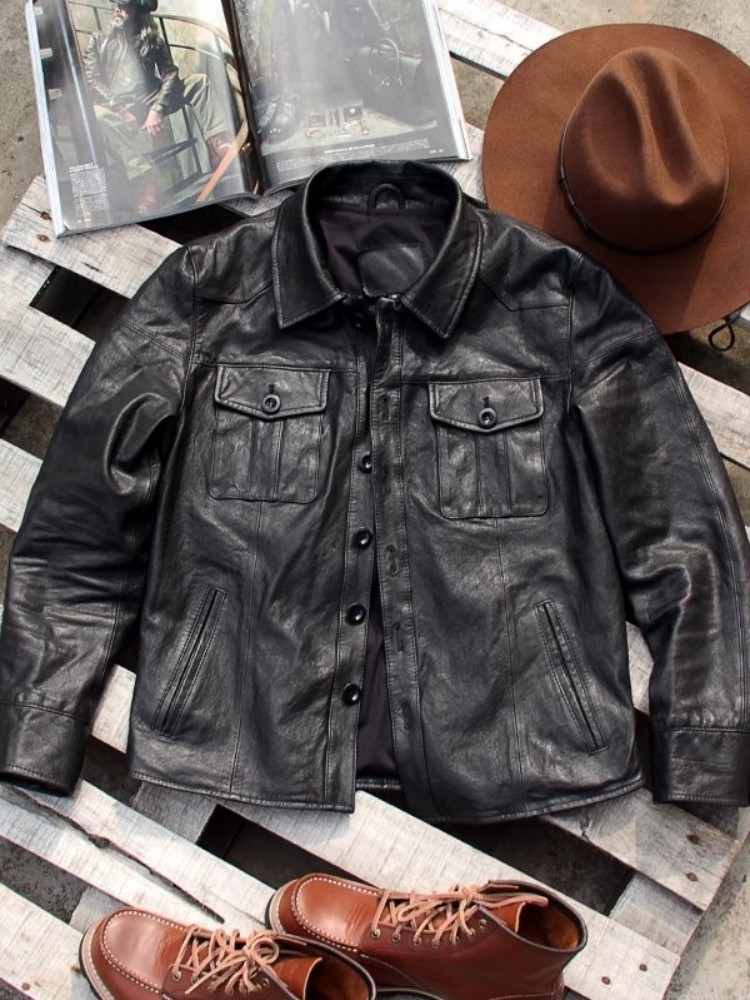 แจ็คเก็ตหนังแท้สไตล์พังก์สำหรั - Leather Work Jacket Mens บทวิจารณ์และราคา